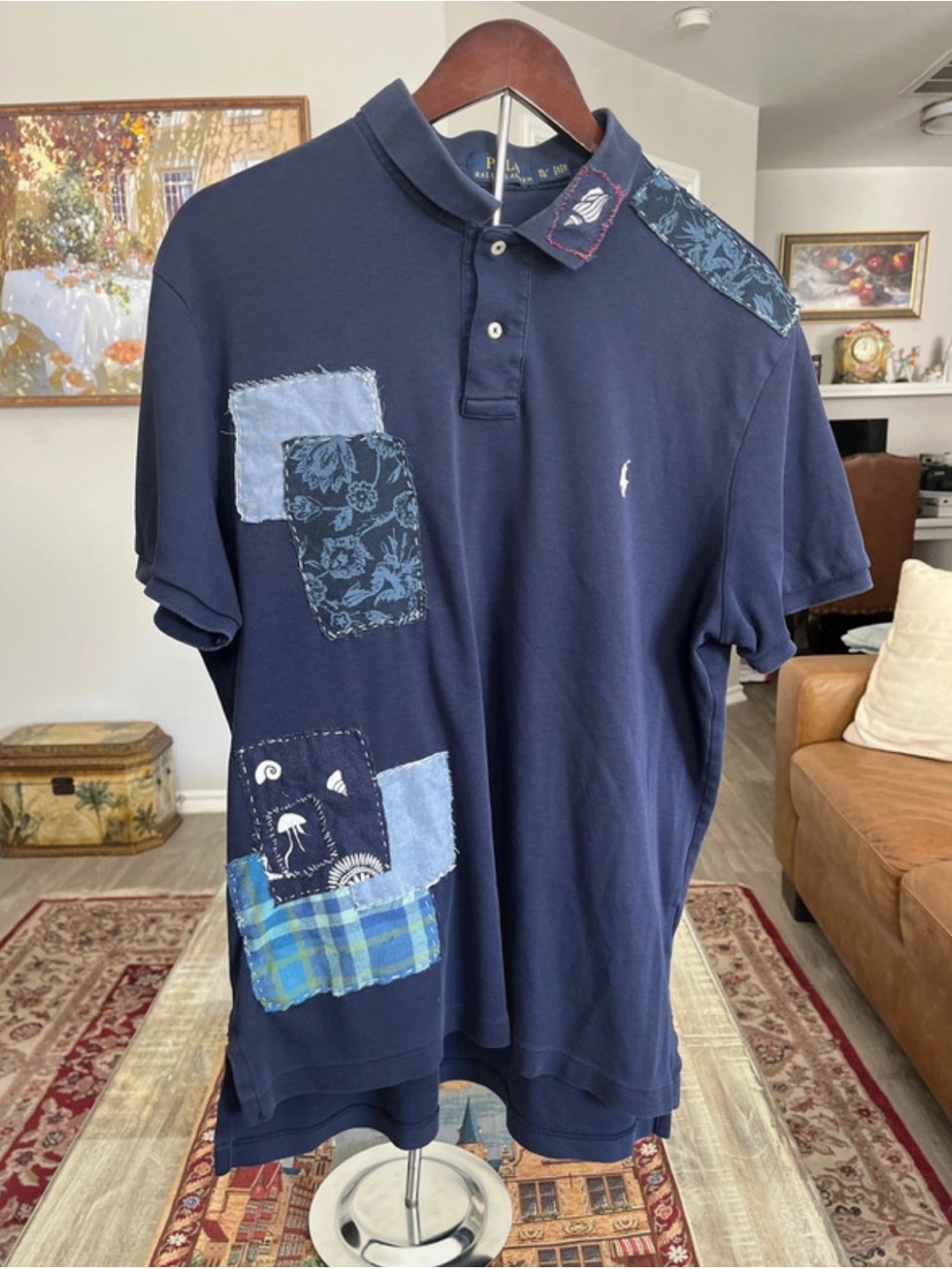 Ralph Lauren Navy Polo with Blue Patchwork Accents